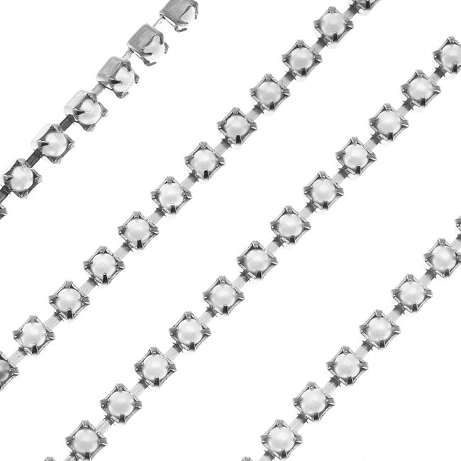 Czech Cup Chain, White Glass Pearl, Silver Plated, PP18, by the Foot