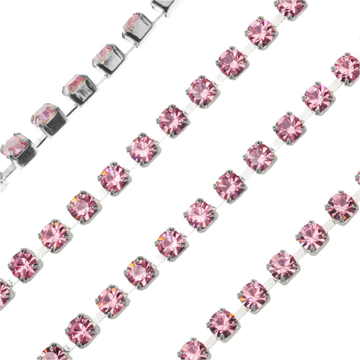 Preciosa Czech Crystal Rhinestone Cup Chain, 24PP, Light Rose/Silver Plated, by the Foot