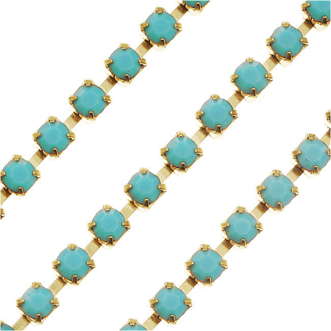 Preciosa Czech Crystal Rhinestone Cup Chain, 18PP, Turquoise/Brass, by the Foot