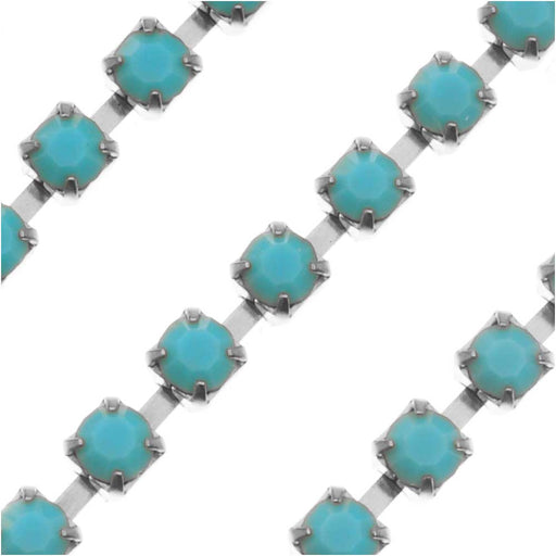 Preciosa Czech Crystal Rhinestone Cup Chain, 24PP, Turquoise/Silver Plated, by the Foot