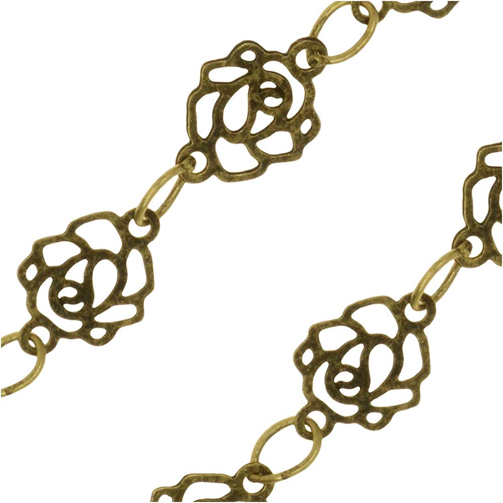 Antiqued Brass Charm Chain, Elegant Roses, 6.5mm, by the Foot