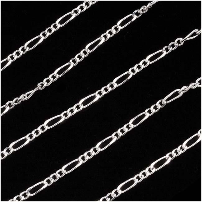 Silver Plated Figaro Chain, 6.4mm x 2.8mm, by the Foot