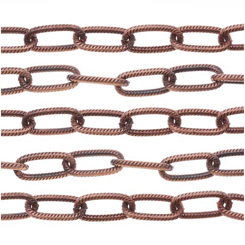 Antiqued Copper Plated Textured Long Link Cable Chain, 5mm x 11mm, by the Foot