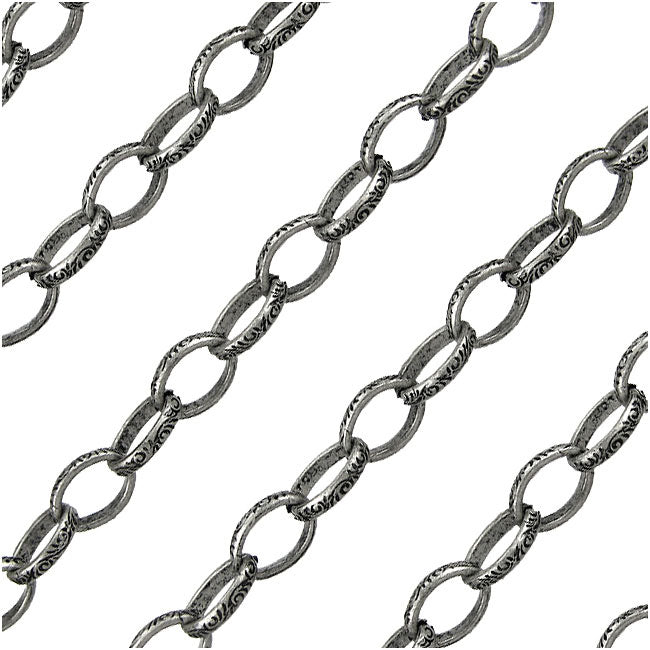 Antiqued Silver Plated Fancy Embossed Celtic Pattern Cable Chain, 8.5x6.5mm, by the Foot