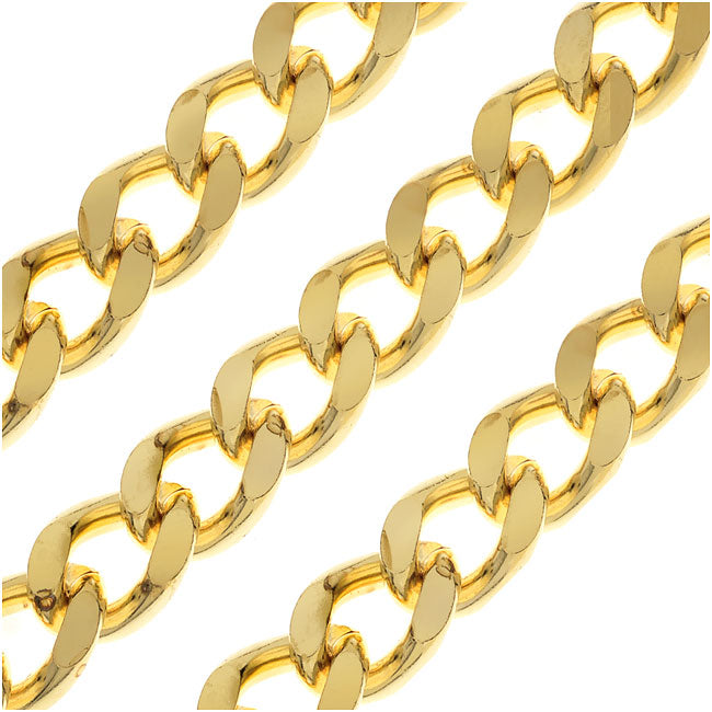 Gold Plated Heavy Filed Curb Chain, 9.5mm, by the Inch