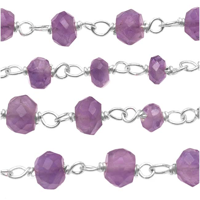 Wire Wrapped Gemstone Chain, Amethyst, Sterling Silver, 4mm Rondelles (1 inch)