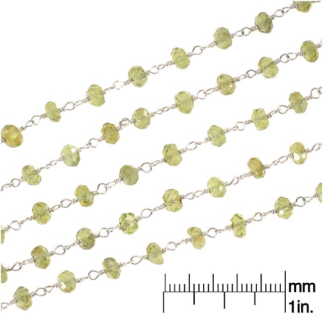 Wire Wrapped Gemstone Chain, Peridot, Sterling Silver, 3.5mm Rondelles (1 inch)
