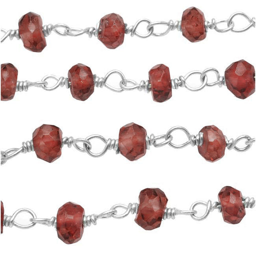 Wire Wrapped Gemstone Chain, Garnet, Sterling Silver, 4mm Rondelles (1 inch)