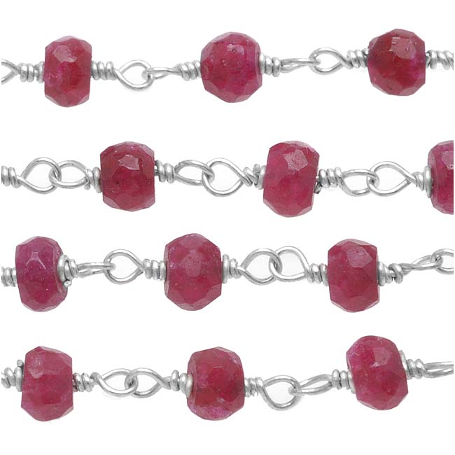 Wire Wrapped Gemstone Chain, Ruby Gemstone, Sterling Silver, 3.5mm Rondelles (1 inch)