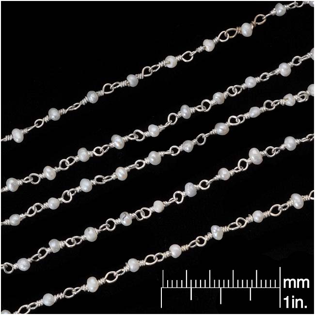 Wire Wrapped Gemstone Chain, White Seed Pearls 3mm, Sterling Silver (1 inch)