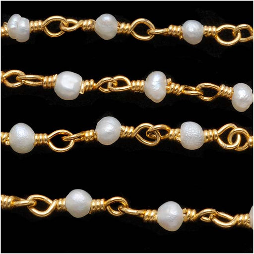 Wire Wrapped Gemstone Chain, White Seed Pearls 3mm, Gold Vermeil (1 inch)