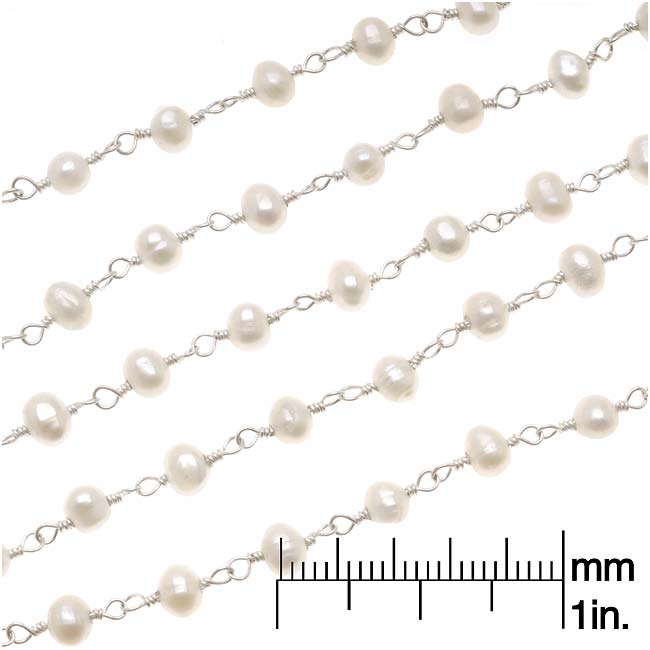 Wire Wrapped Gemstone Chain, White Seed Pearl, Sterling Silver, 4mm (1 inch)