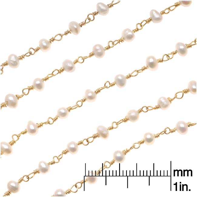 Wire Wrapped Gemstone Chain, White Seed Pearl, Gold Vermeil, 3.5mm (1 inch)