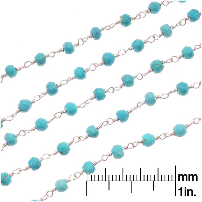 Wire Wrapped Gemstone Chain, Turquoise 3mm Rondelles, Sterling Silver (1 inch)