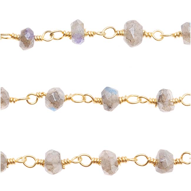 Wire Wrapped Gemstone Chain, Labradorite 4mm Rondelles, Gold Vermeil (1 inch)