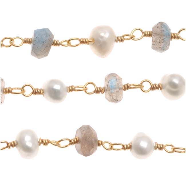 Wire Wrapped Gemstone Chain, Labradorite And White Pearl, Gold Vermeil (1 inch)