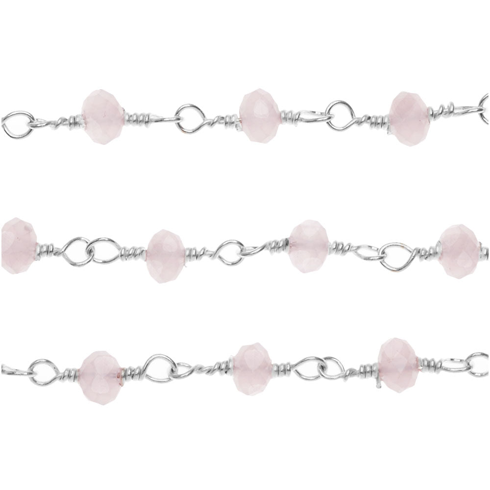 Wire Wrapped Gemstone Chain, Pale Rose Quartz 4mm Rondelles, Sterling Silver (1 inch)