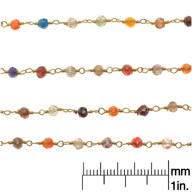 Wire Wrapped Gemstone Chain, Multi-Colored Micro Faceted 3mm, Gold Vermeil (1 inch)