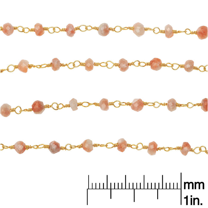 Wire Wrapped Gemstone Chain, Gold Vermeil, Sunstone, 3.5mm Rondelles (1 inch)
