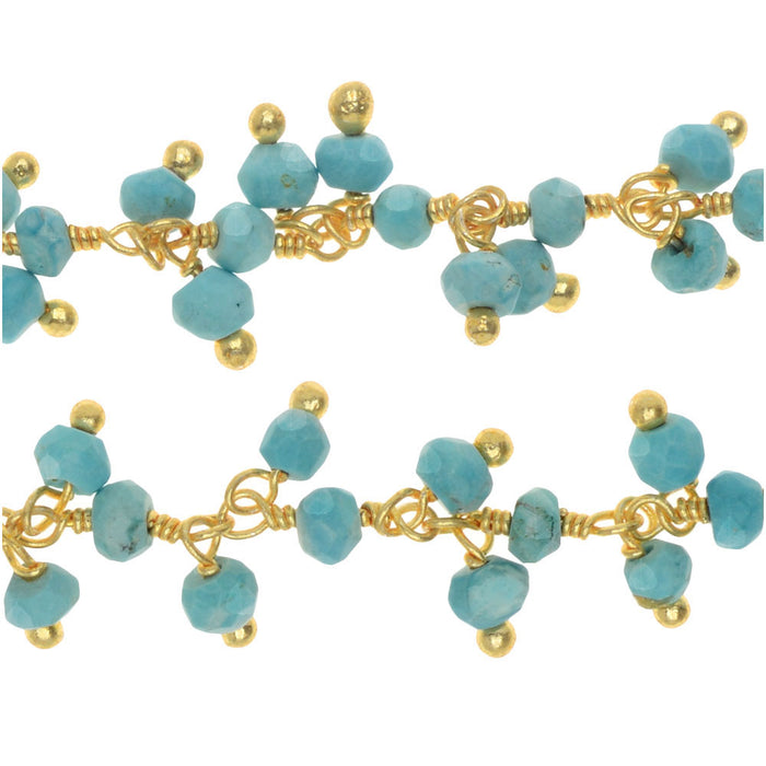 Wire Wrapped Gemstone Chain, Turquoise Drops 3mm, Gold Vermeil (1 inch)
