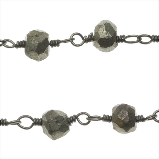 Wire Wrapped Gemstone Chain, Pyrite Rondelles 4mm, Gun Metal (1 inch)