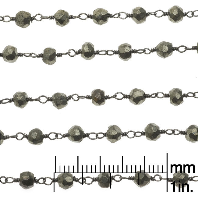 Wire Wrapped Gemstone Chain, Pyrite Rondelles 4mm, Gun Metal (1 inch)