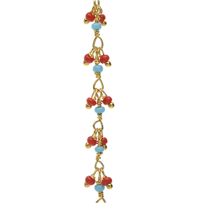 Wire Wrapped Beaded Chain, Turquoise & Coral Red Seed Beads, Gold Vermeil (1 inch)