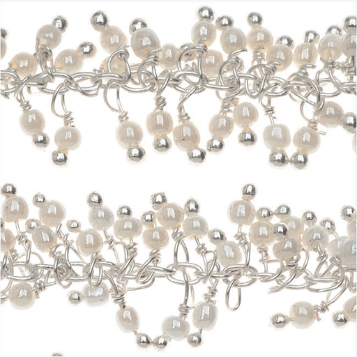 Wire Wrapped Beaded Chain, 2mm Seed Beads,Pearl White, Silver (1 inch)