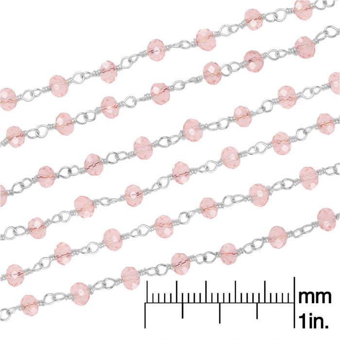 Wire Wrapped Chain, Sterling Silver, Rose Pink Color Rondelles 3mm (1 inch)