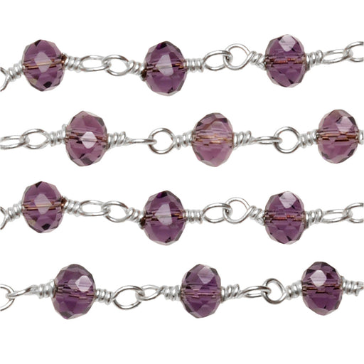 Wire Wrapped Chain, Sterling Silver, Purple Color Rondelles 3mm (1 inch)