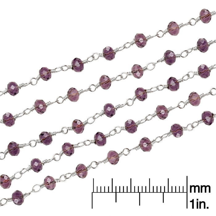 Wire Wrapped Chain, Sterling Silver, Purple Color Rondelles 3mm (1 inch)