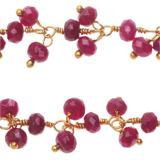Wire Wrapped Gemstone Chain, Ruby 4mm Drops, Gold Vermeil (1 inch)