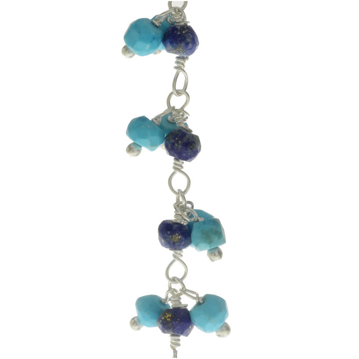 Wire Wrapped Gemstone Chain, 3.5mm Lapis and Turquoise Howlite, Sterling Silver (1 inch)