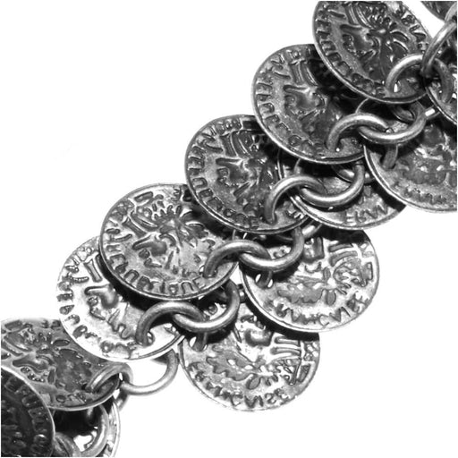 Charm Chain, 10mm Ancient Coin Charm, Antiqued Silver Plated, by the Inch