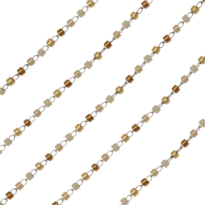 Beaded Chain, Cylinder Seed Beads 2x1mm, Stainless Steel/Multi-Colored Beads, (1 inch)