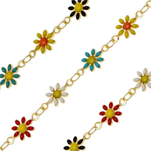 Beaded Chain, Daisy Flower 7.5mm, Gold Plated / Multi-Colored Enamel, by the Inch