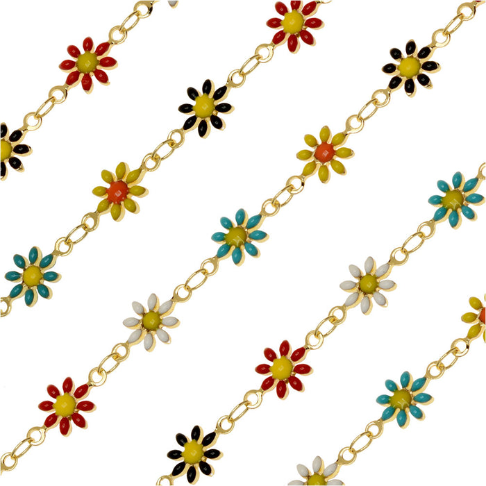Beaded Chain, Daisy Flower 7.5mm, Gold Plated / Multi-Colored Enamel, by the Inch