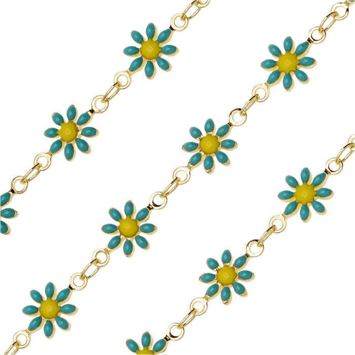 Beaded Chain, Daisy Flower 7.5mm, Gold Plated / Turquoise & Yellow Enamel, by the Inch