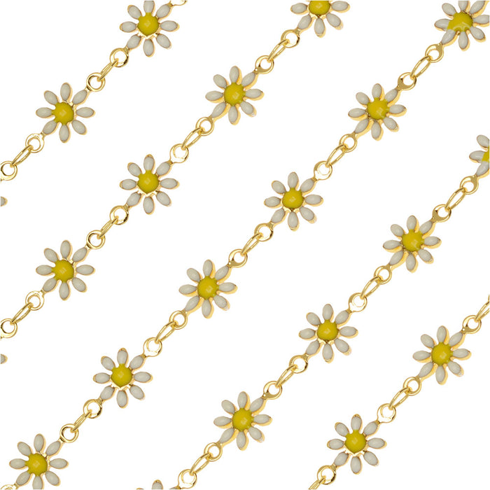 Beaded Chain, Daisy Flower 7.5mm, Gold Plated / White & Yellow Enamel, by the Inch