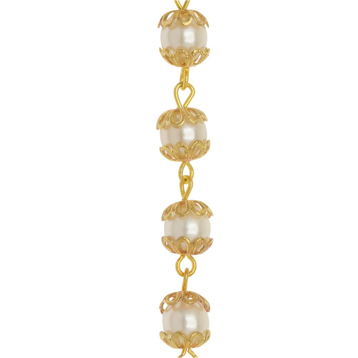 Czech Glass Beaded Chain, Round Pearls 6mm, Gold Plated (1 inch)