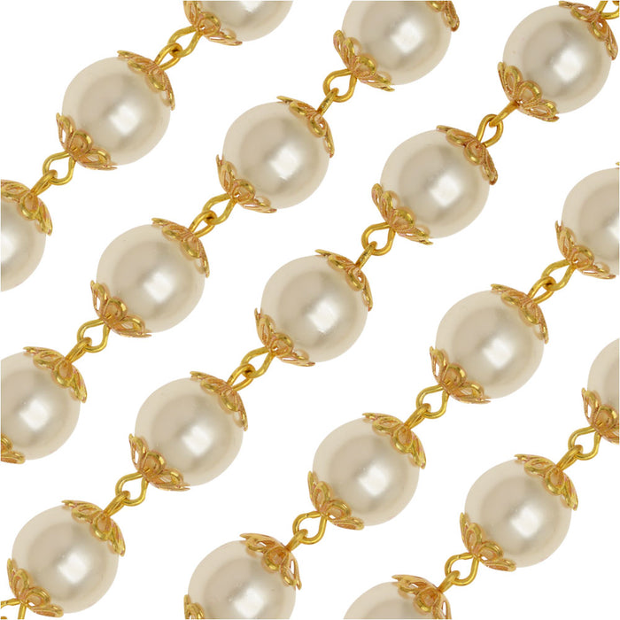 Czech Glass Beaded Chain, Round Pearls 10mm, Gold Plated (1 inch)