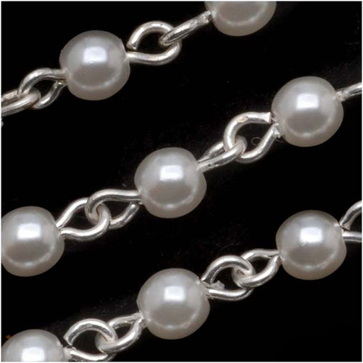 Czech Glass Beaded Chain, White Pearls 4mm, Silver Plated (1 inch)