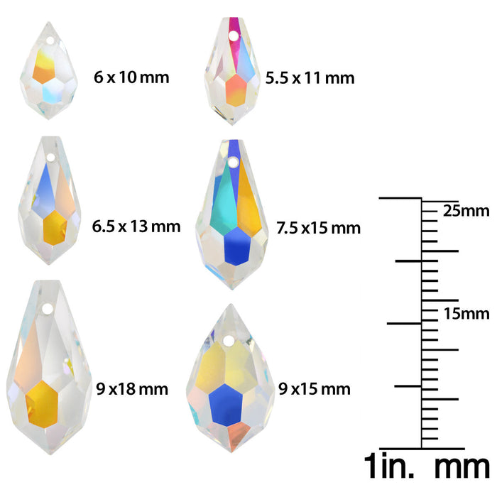 Preciosa Czech Crystal, Drop Pendant 7.5x15mm, Crystal AB (12 Pieces)