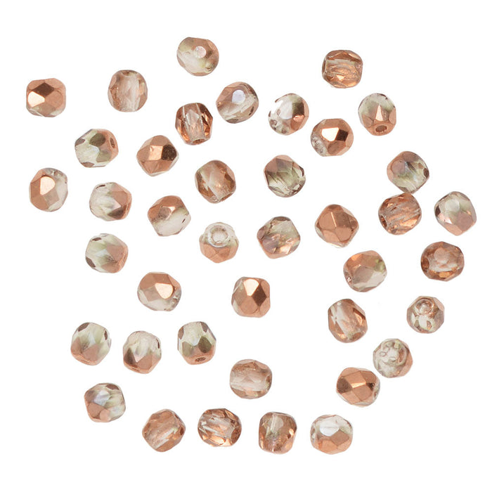 Czech Fire Polished Glass Beads, Round 3mm, Crystal Copper Half-Coat (50 Pieces)