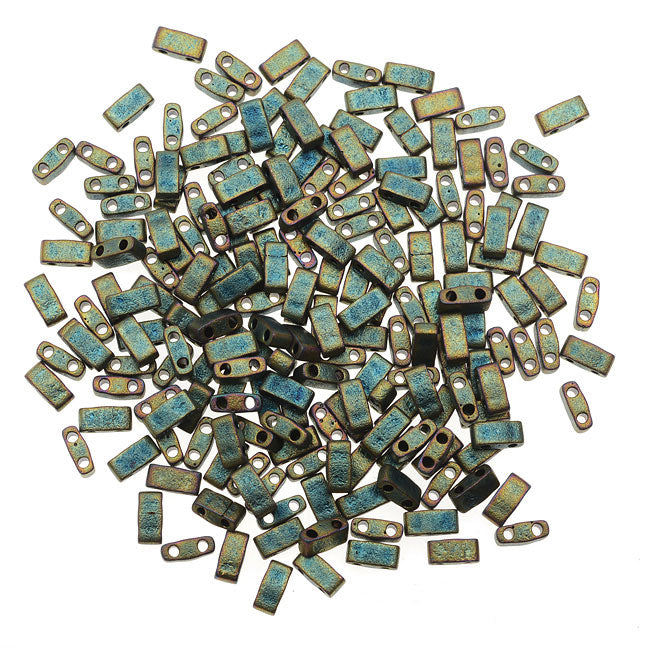 Miyuki Half Tila 2 Hole Rectangle Beads 5x2.3mm - Matte Metallic Green Iris 7.8 Grams