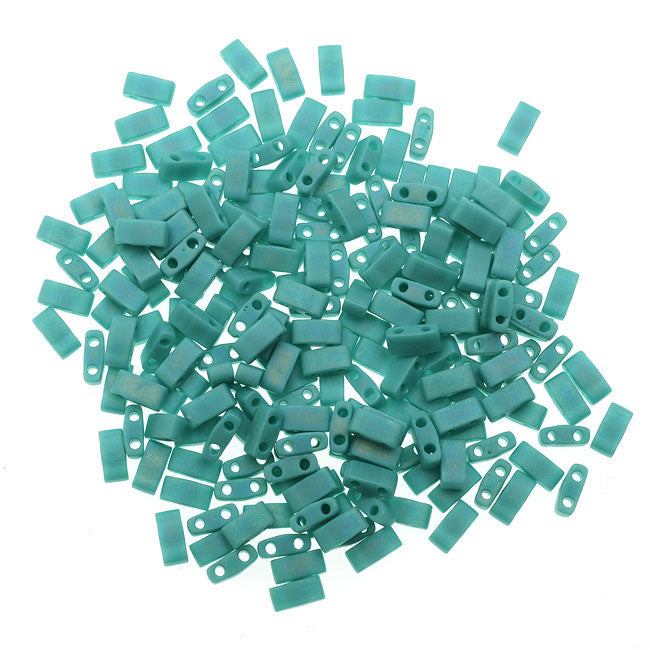Miyuki Half Tila 2 Hole Rectangle Beads 5x2.3mm - Matte Opaque Turquoise AB 7.8 Grams