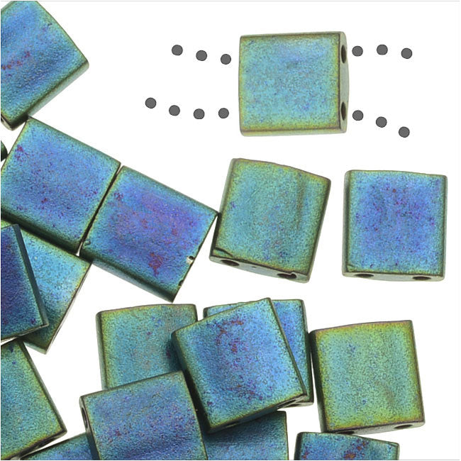 Miyuki Tila 2 Hole Square Beads 5mm - Matte Metal Blue Green 7.2 Grams
