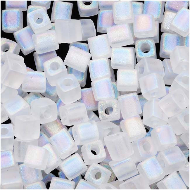 Miyuki 4mm Glass Cube Beads 'Transparent Frosted Clear AB' #131FR 10 Grams