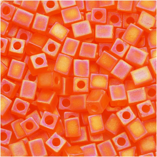 Miyuki 4mm Glass Cube Beads 'Transparent Frosted Orange AB' #138FR 10 Grams