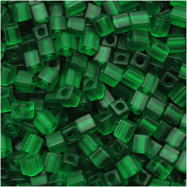 Miyuki 4mm Glass Cube Beads Transparent Matte Dark Green 146F 10 Grams